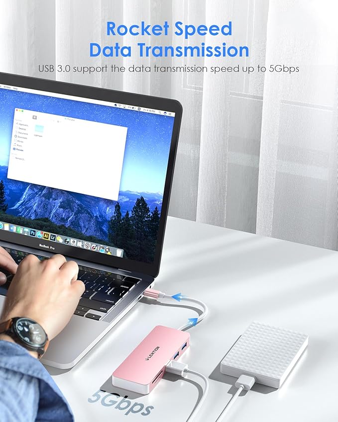 LENTION USB C Hub, 5-in-1 USBC Multiport Adapter with 3 x Powered USB 3.0 Ports 5Gbps, SD/TF Card Reader, for MacBook Pro/Air, iPad, Surface, iPhone 15 & More, Stable Driver 3.0, Rose Gold (CB-C15)