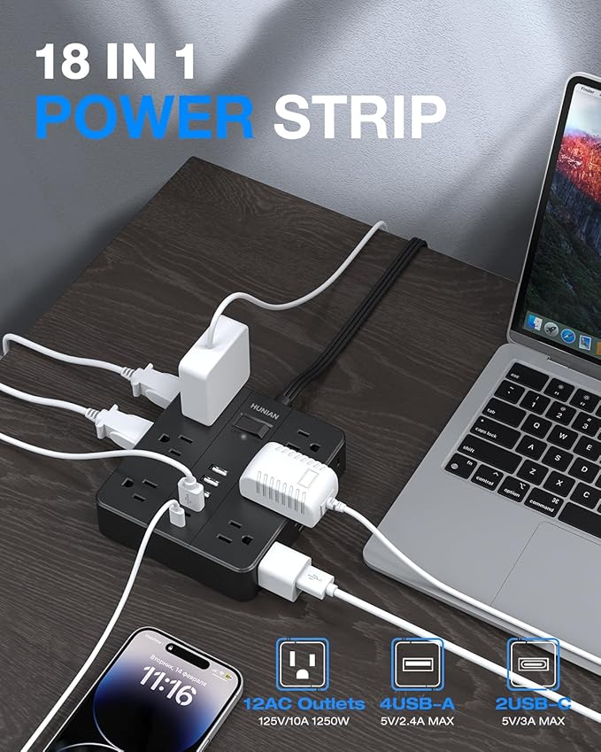 Extension Cord 25 Ft, HUNIAN Flat Plug Power Strip Surge Protector, 12 Widely Spaced Outlets with 6 USB Charger (2 USB C Ports), Desk Charging Station for Home Office Supplies, Dorm Room, Black