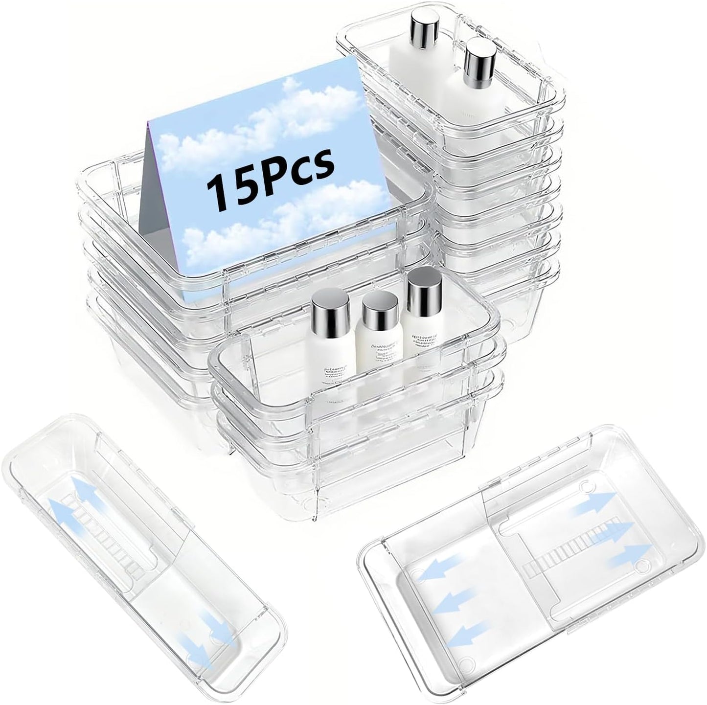15 Pcs Clear Extendable Drawer Organizer,Adjustable Vanity Storage Box, 2-Size Desk Drawer Organizer, Acrylic Storage Bin for Makeup, Cosmetic,Desk Organizer Gadgets for Bathroom Bedroom Kitchen