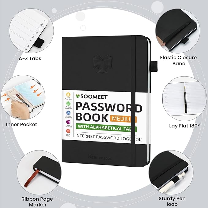 Password Book with Alphabetical Tabs, Hardcover Password Keeper, A5 Size 8.3"x6" Password Notebook for Saving Internet Login, Username, Password Organizer for Computer & Website Logins(Black)