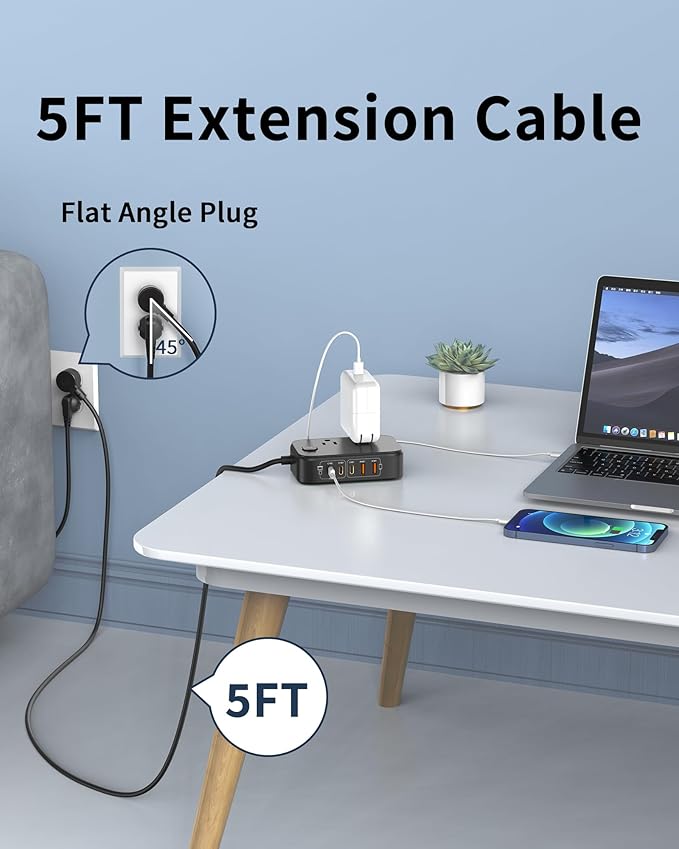 USB C Charging Station 190W,Surge Protection Power Strip Max 65W, 6FT Flat Extension Cord Desktop USB Charging Hub for Multiple Devices (Pearl Black, 65w)