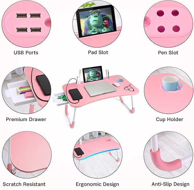 Slendor Lap Desk with Tablet Slot, Foldable Laptop Table with Storage Drawer for Bed，Portable Bed Desk for Laptop, Computer Tray with Cup Holder Notebook Stand Reading Holder for Couch Floor, Pink