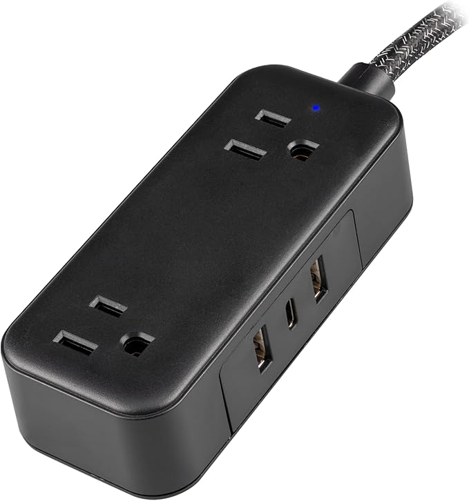 Philips 2-Outlet Extension Cord, 1 USB-C, 2 Type-A Ports, Braided Extension Cord with Multiple Outlets, Flat Plug Power Strip, Power Strip with USB Ports, ETL Listed, Black, SPS3564B/37