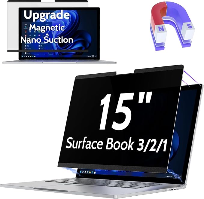 Magnetic Privacy Screen for Surface Book 3/2/1 15 Inch, Removable Anti Blue Light Glare Filter, Black Security Private Apy Block Protector