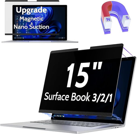 Magnetic Privacy Screen for Surface Book 3/2/1 15 Inch, Removable Anti Blue Light Glare Filter, Black Security Private Apy Block Protector