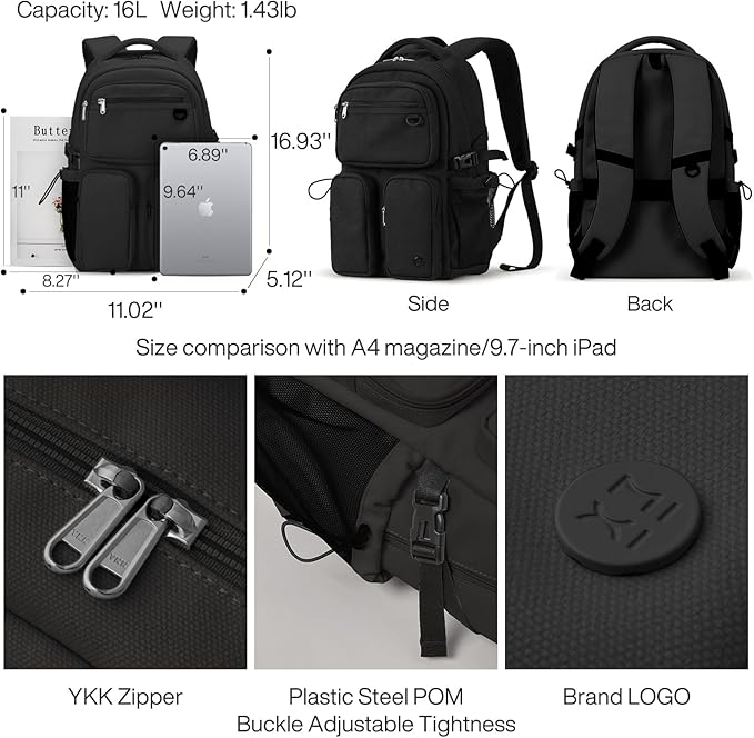 mixi Travel Laptop Backpack, Lightweight Durable School Bookbag Men Woman 15.6" Computer Bag, Water Resistant Outdoor Hiking Backpacks With Multifunction Pockets, 17 Inch, Black