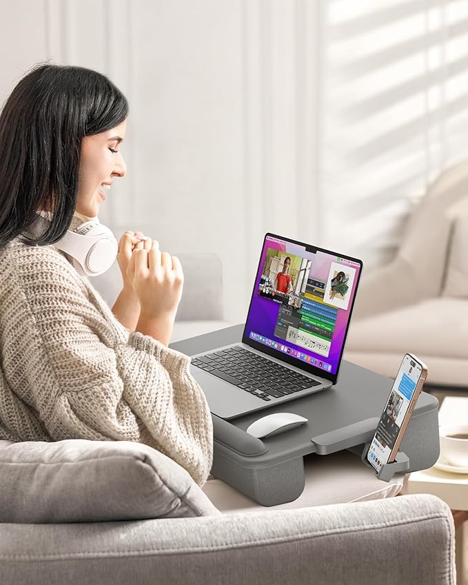 SAIJI Lap Desk with Cushion, Computer Laptop Stand, Lap Laptop Table, Built-in Drawer Storage, Phone Holder, Wrist Pad