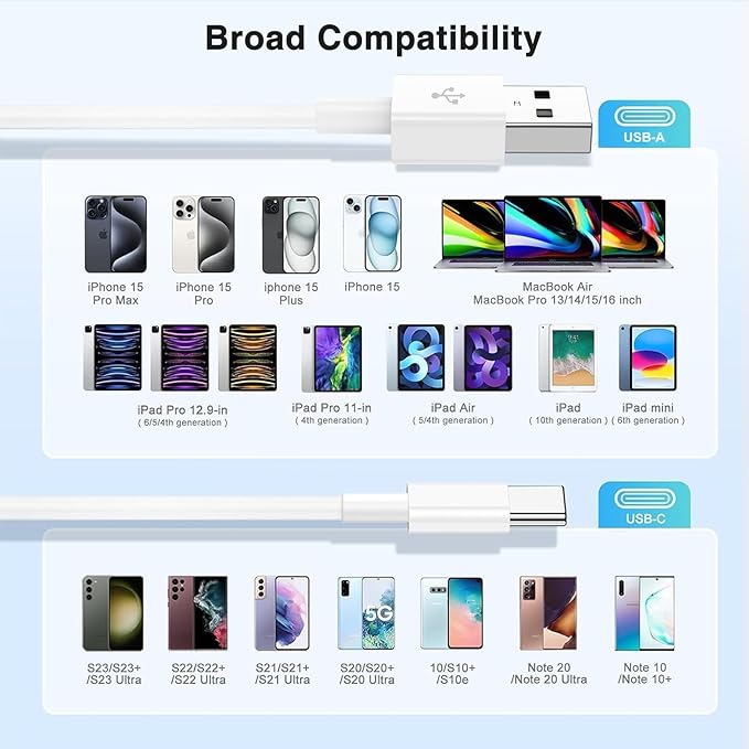 Car Carplay Cable for iPhone 17 16 15 Pro Plus Pro Max Air，3-Pack [3.3FT+3.3FT+6FT] USB A to USB C Cable for iPhone 17 16 15，for iPad Pro/Air/Mini，for Galaxy S25 S24，for MacBook Pro/Air and More