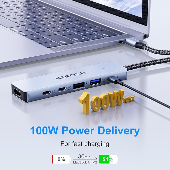 KIROSA USB-C Hub: USB C Multiport Adapter for Macbook Pro Air - 9IN1 USBC to HDMI Hub Dongle - Traveling USB C Docking Station for Laptops and Type C Devices (4K HDMI 100W PD USB3.0 SD/TF Card Reader)