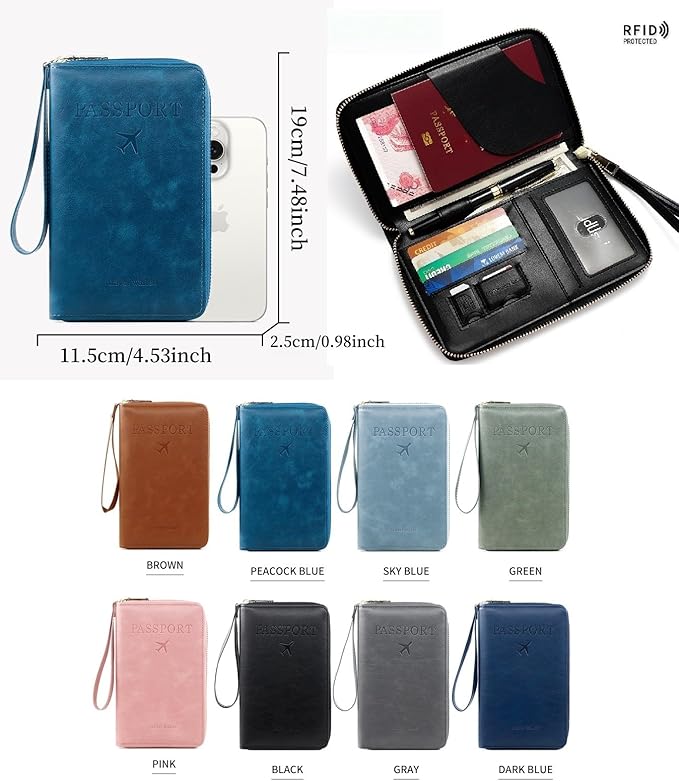 S-11 RFID Blocking Passport Holder Travel Wallet, Slim Zipper Card Case with ID Window, Boarding Pass Slot & Credit Card Organizer for Men and Women. (Sky Blue)