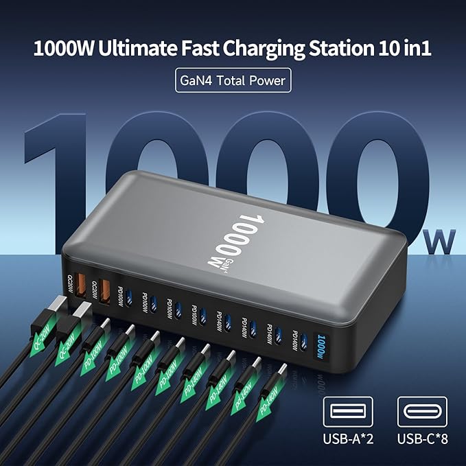 1000W 10-Port GaN 4 Desktop Charging Station with 240W 6.6 ft Data Cable - Compatible with Tablets, Phones, Laptops, Gaming Consoles, Headphones