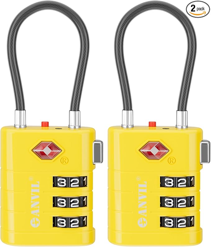 ANVIL TSA Approved Luggage Locks – High Security TSA008 Combination Travel Locks with Inspection Indicator for Suitcases and Backpacks. (2, Yellow)