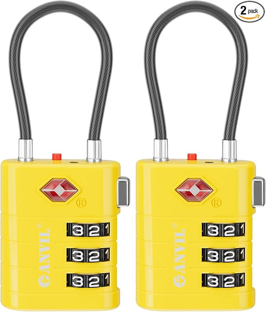 ANVIL TSA Approved Luggage Locks – High Security TSA008 Combination Travel Locks with Inspection Indicator for Suitcases and Backpacks. (2, Yellow)