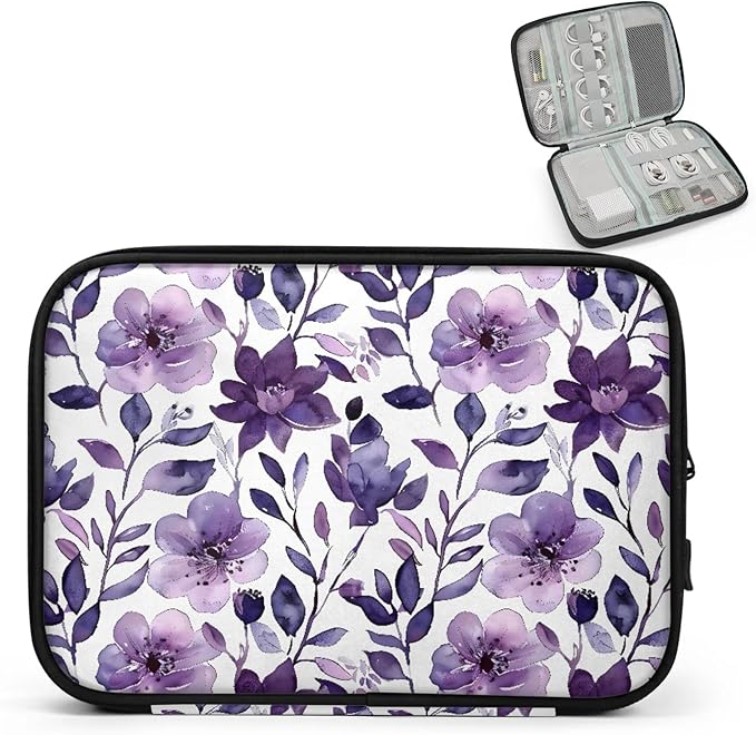 Purple Floral Electronics Travel Organizer Case, Tech Accessories Cable Storage Bag for Cords, Charger, Phone, Hard Drive