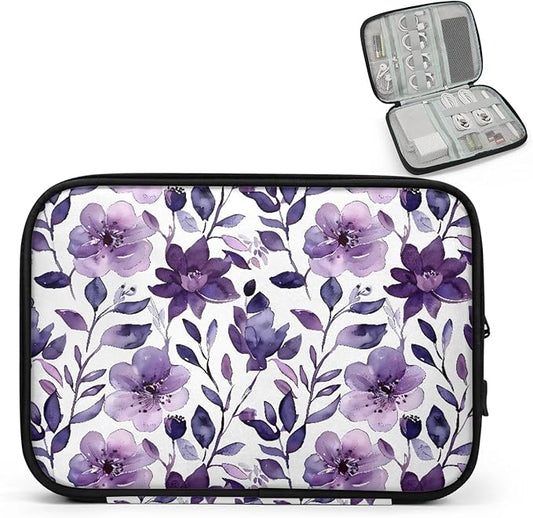 Purple Floral Electronics Travel Organizer Case, Tech Accessories Cable Storage Bag for Cords, Charger, Phone, Hard Drive
