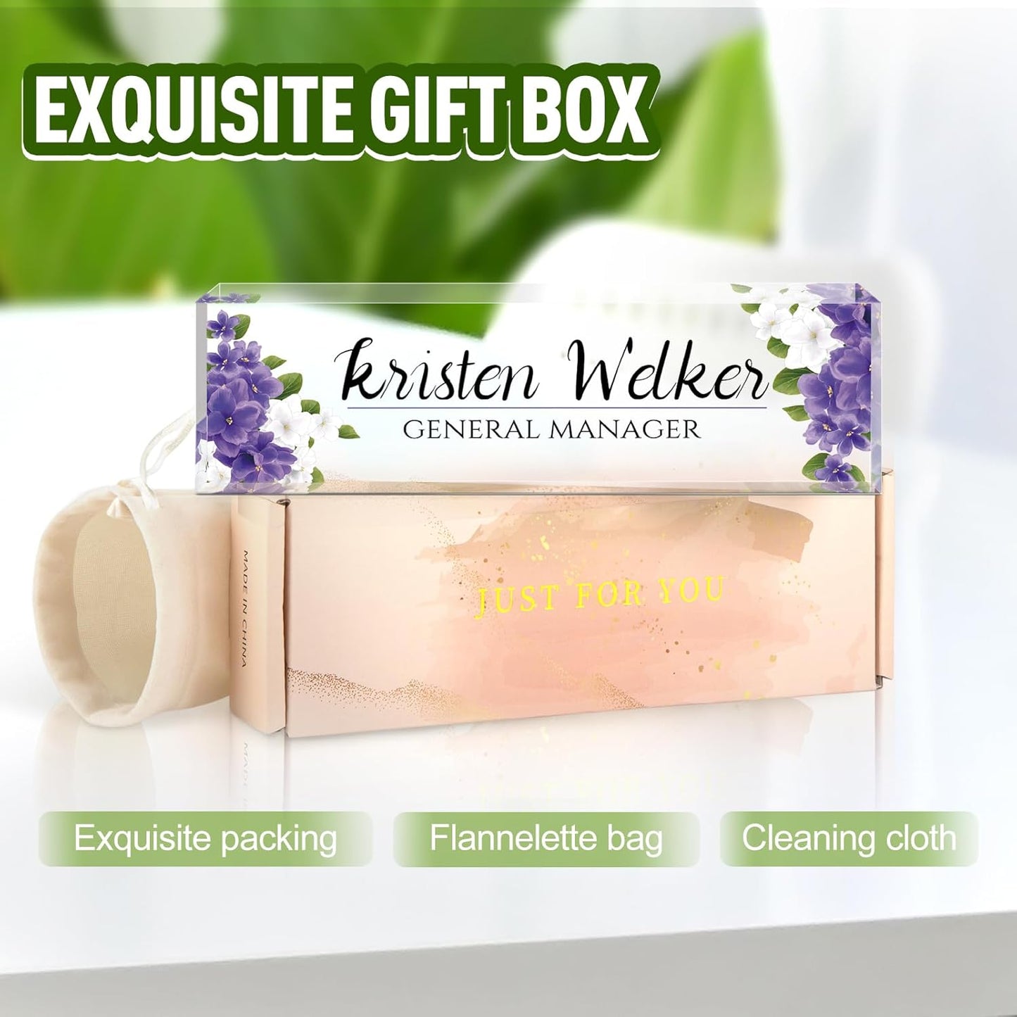 Custom Name Plate for Desk, Desk Name Plate Personalized, Office Decor for Women, Acrylic Desktop Accessories, Office Appreciation Gifts for Boss Social Workers Nurse Teacher Employee(Purple Flowers)