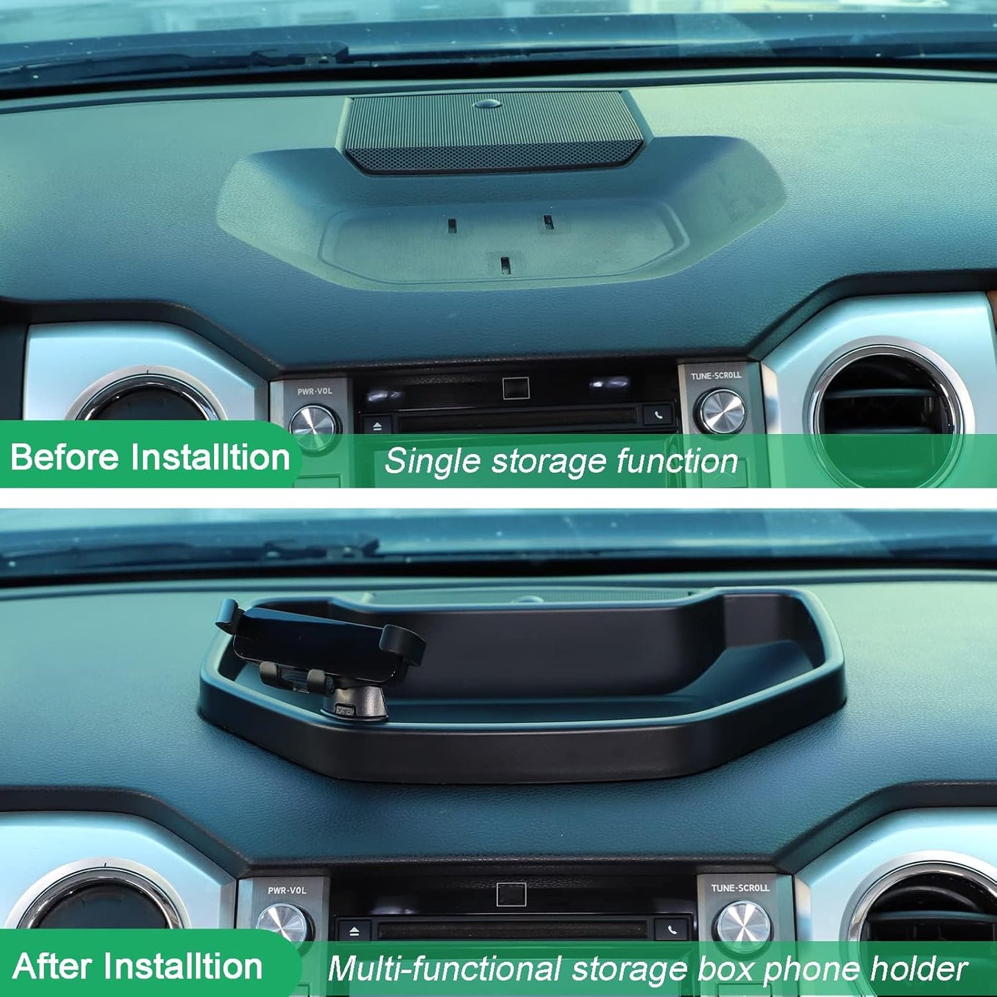 LLKUANG Black ABS Car Center Console Dash Table Storage Tray Fit for Toyota Tundra 2014-2021 Instrument Organizer Vertical Placement Phone Holder Cradle Accessories(with Mobile Phone Holder(B))