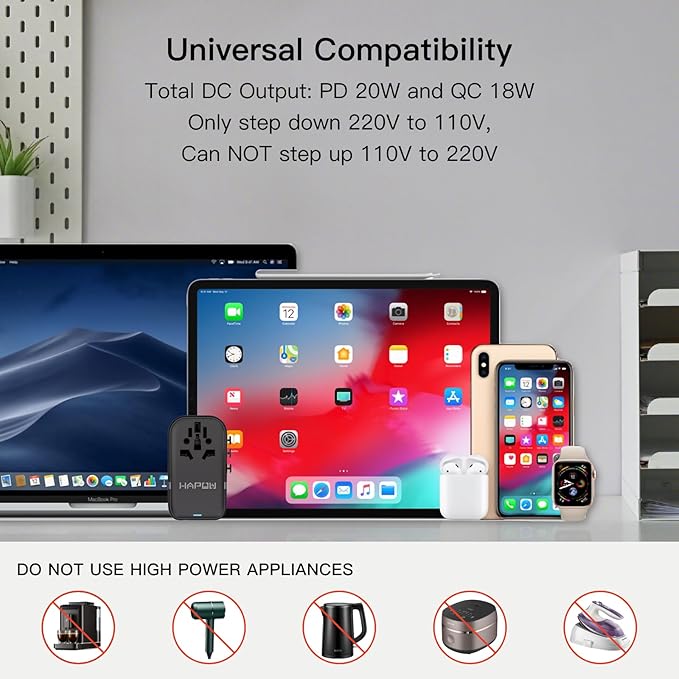 Voltage Converter Universal Travel Adapter, PD20W International Power Adapter,Fast Charging Travel Charger, All in One Worldwide Travel Plug Adapter, Outlet Adapter for EU UK USA AU, Black