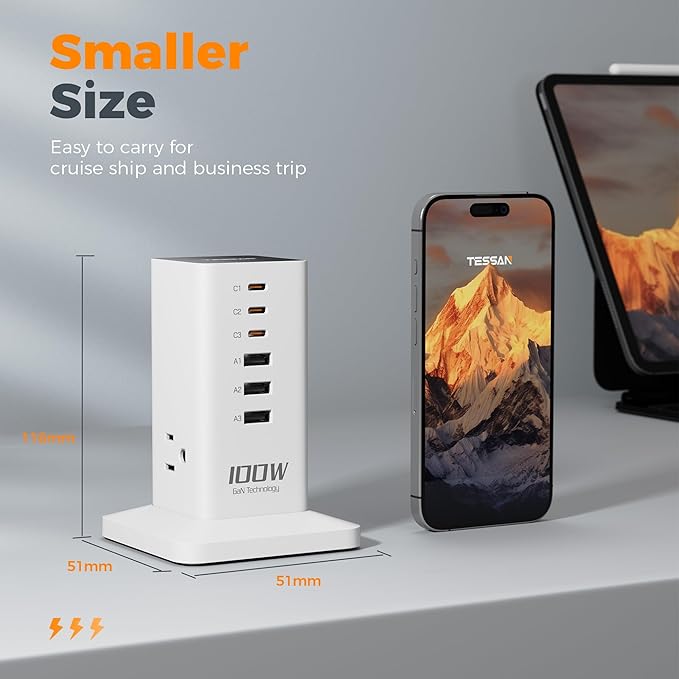 Charging Station PD 100W, TESSAN 9-in-1 USB C Power Strip for iPhone 16/15, MacBook, Tablet, Desktop Phone Fast Charger with 3 AC, 3 USB-A Ports, Home Drom Office Accessories, White