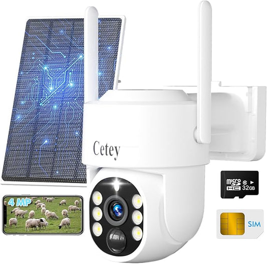 4G LTE Cellular Security Camera Wireless Outdoor, No WiFi Solar Powered Camera for Farms, Ranches, Estates Surveillance, 2K Color Night Vision, 360°PTZ, 2-Way Audio, PIR Motion Sensor