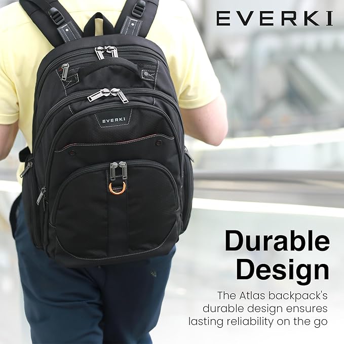 EVERKI 32L Atlas Business Laptop Backpack – Adjustable Compartment for Work, Travel-Friendly Business & Office Backpack for Men & Women, College, Durable Computer Bag, Fits 13"-17.3", Black