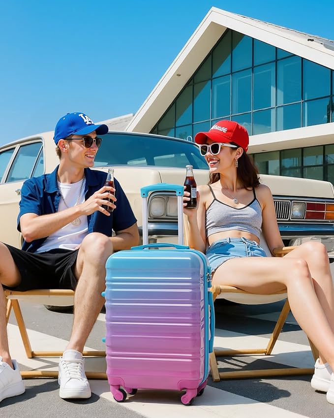 LONG VACATION Carry On Luggage Sets 3 Piece 20 Inch Suitcase Set, ABS+PC Hardshell Lightweight Travel Luggage with Spinner Wheels & YKK Zipper TSA Lock (Blue and Pink, 20 INCH)