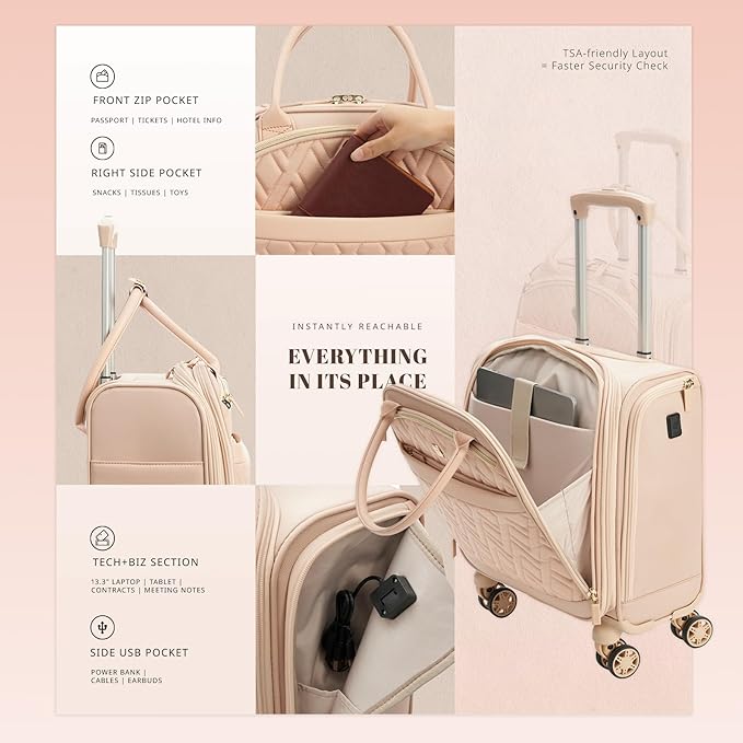 Verage 18x14x8in Spinner Underseat Carry-On Luggage -Airplane Personal Item Bag, USB A&C Charging Port, Padded Laptop Pocket & Wet/Dry Compartments for Women, Blush Pink