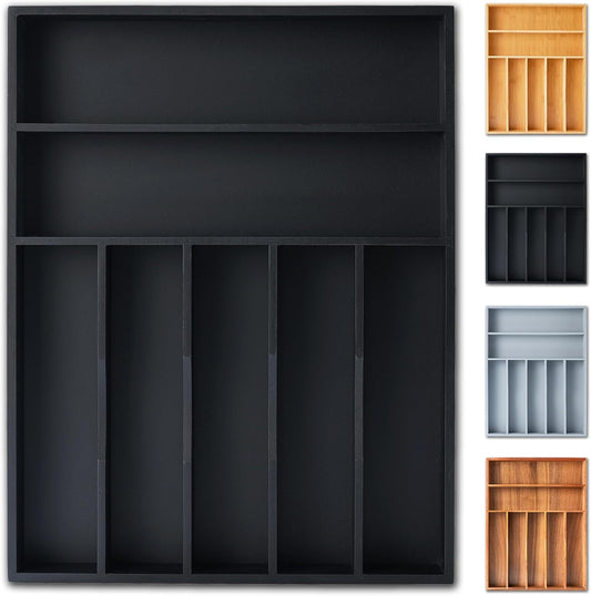 Silverware Organizer, 12.5 Inch Utensil Organizer Kitchen Drawer Organizer Bamboo Silverware Holder Cutlery Tray Organizer in Drawer Flatware Organizer Tray(7 slots, Black）