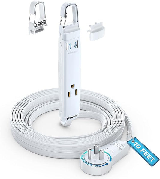 360° Rotating Flat Plug Extension Cord with USB Ports and a Removable Hook White Extension Cord 10 ft (16 Gauge) UL Certified