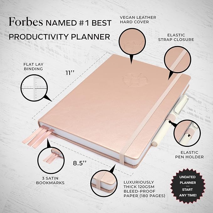 Smart Planner Pro – Undated Daily Planner – Large A4 – Achieve Goals & Increase Productivity with Weekly, Monthly, Work Sections - Organizer Diary with Back Pocket, 3 Satin Bookmarks & Pen Holder