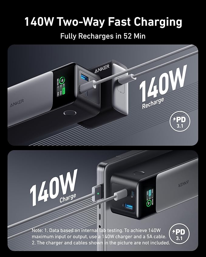 Anker 737 Power Bank, 24,000mAh 3-Port Laptop Portable Charger with 140W Fast Charging, Smart Display, for Outdoor Work, Compatible with iPhone 16/15/14 Series, Vision Pro, Samsung, MacBook, and More