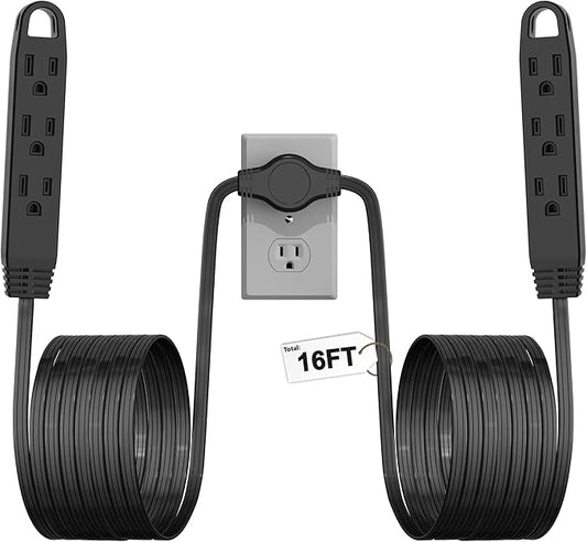 3-Prong 16FT Twin Extension Cord with 6 Outlets - Slim Design for Home Furniture, 16FT Double Cord 8 FT Each Side in Black Color