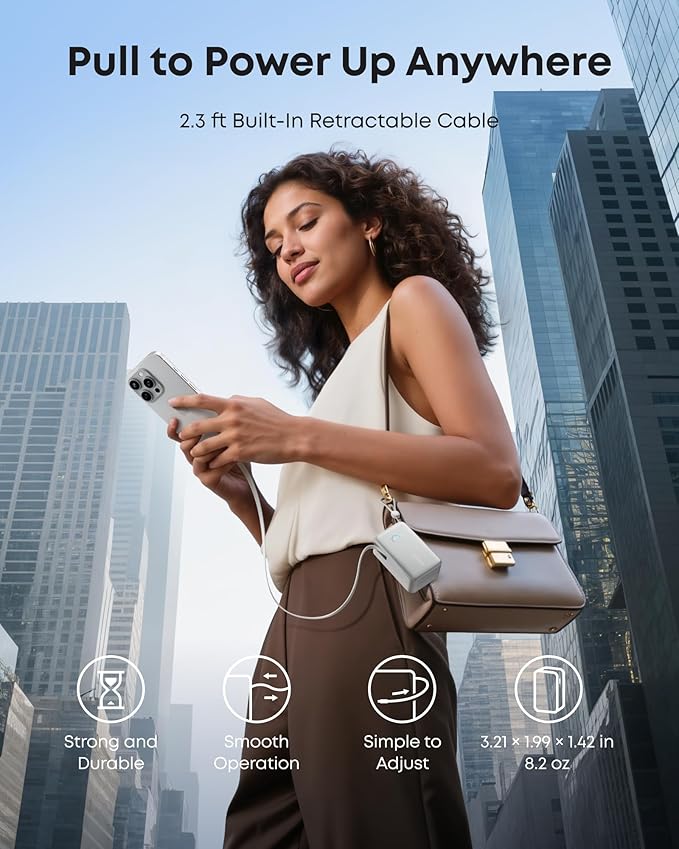 Anker Nano Portable Charger, 10,000mAh 45W Max Compact Power Bank, Travel Essential Phone Battery Pack with 2.3 ft InstaCord Retractable Cable for iPhone 17/16 Series, iPad, Galaxy, Pixel, and More