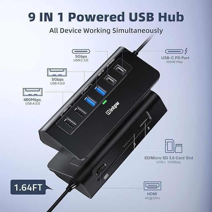 USB C Hub, intpw 9-in-1 USB Multiport Adapter with 4K HDMI, PD 100W, USB-C and 2 USB A 3.0 5Gbps, 2 USB A 2.0, SD/TF Slots for MacBook Pro/Air, iPad Pro, iPhone 15/16 Series