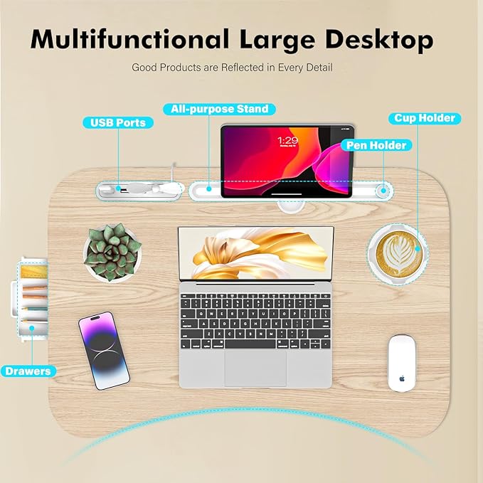 Lap Desk for Bed Adjustable Height, Foldable Bed Table with Storage Drawer, Tablet Slot & Cup Holder, Portable Laptop Stand for Bed & Sofa, Bed Desk for Adults & Kids, Glacier