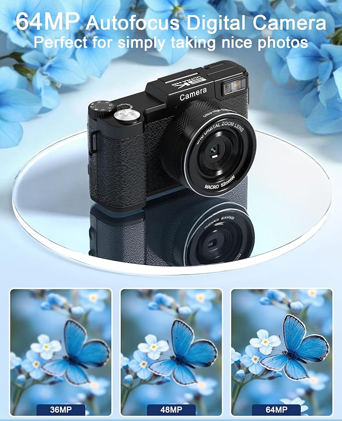 FLATIC Digital Camera with WiFi, 5K 64MP Cameras for Photography with 180° Flip Screen for YouTube, 18X Zoom Autofoucs Vlogging Camera with 64GB Card, Wide & Macro Lens, 2 Batteries, Card Reader