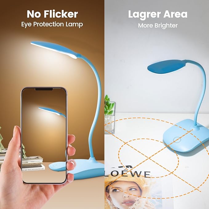 Battery Powered Desk Lamp, Portable Lamps Rechargeable 3 Color Modes Touch Control Stepless Dimming, Wireless Desk Lamp with 2000mAh, Small LED Table Light for Dorm Study Office Bedroom,Blue