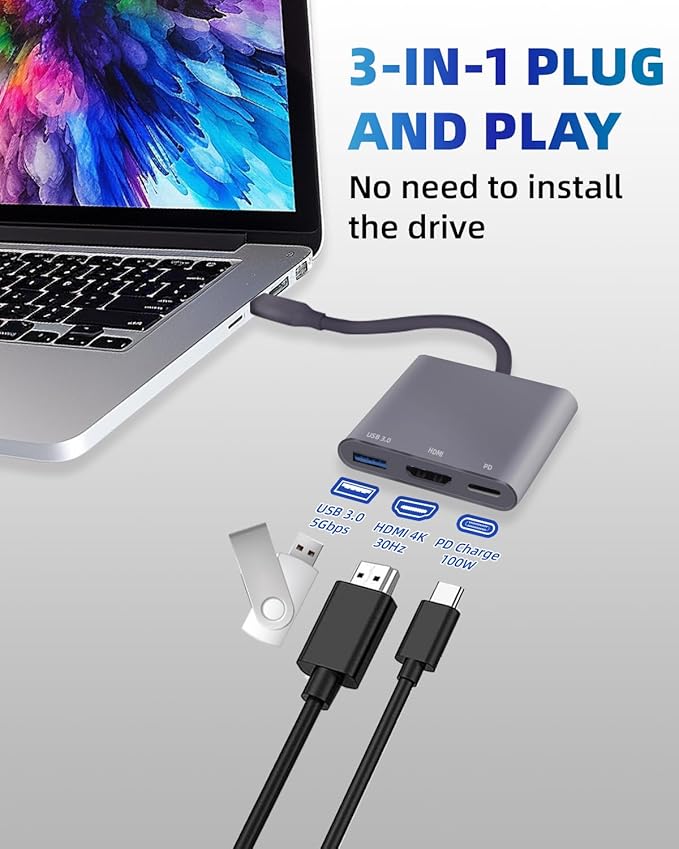 USB C Hub, 4K USB C to HDMI Adapter Multiport AV Converter with 100W PD Output C Port & USBA 3.0 Port Compatible for MacBook Pro/Air, iPad, Tablets, Switch, TV, Monitor and More (Grey)