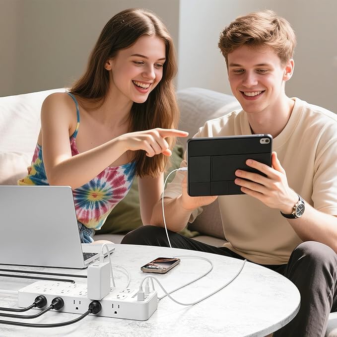 Flat Plug Power Strip Surge Protector with 20 AC Outlets 6 USB Chagring Ports, 1875W/15A, 2700J, Heavy Duty Extension Cord 6 Ft for Home, Office, Dorm, Gaming,ETL Listed (White, 6FT)