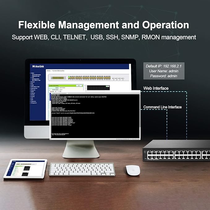 MokerLink 48 Port Gigabit Managed Switch, 4x10G SFP+, 1 Console, 1 USB, L3 Smart Managed, Rackmount, DHCP QoS Vlan IGMP, Static Routing