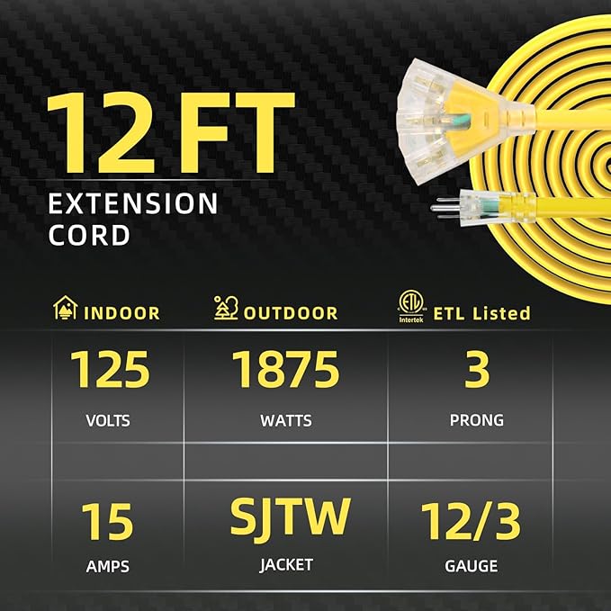 12FT 12 Gauge Heavy Duty Outdoor Extension Cord Waterproof with 3 Outlets & Lighted End, SJTW 15A 1875W 3-Prong Yellow Flexible Power Cord for Indoor Outside Decorations Garage, Garden, ETL
