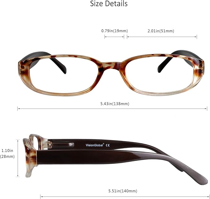 VisionGlobal 4 Pairs Reading Glasses with Spring Hinge, Blue Light Blocking Glasses for Women/Men (Tortoise,+4.75 Magnification)
