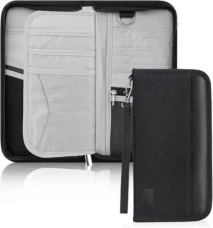 Passport Holder Family, RFID Blocking Travel Passport Wallet for 4-6 Women Men, Waterproof Travel Document Organizer Credit Cards Case, Portable Passport Bag with Zipper Pocket (Black)