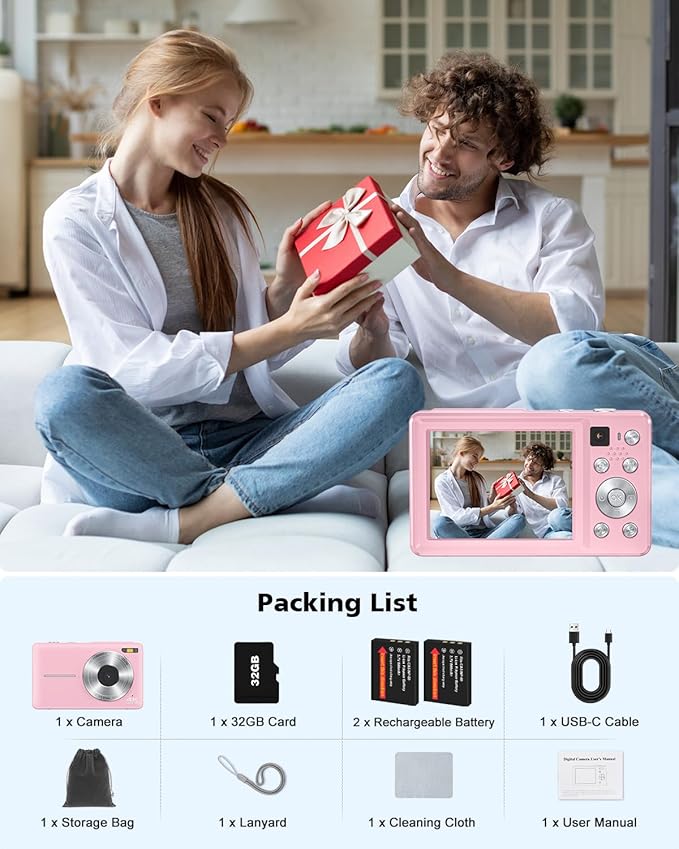 4K Digital Camera, 64MP Autofocus Vlogging Camera with Front Rear Lens, 32GB Card, Flash, 16X Zoom, Anti-Shake, Point Shoot Camera for YouTube Travel Teens Adult Beginner Photography(Pink)