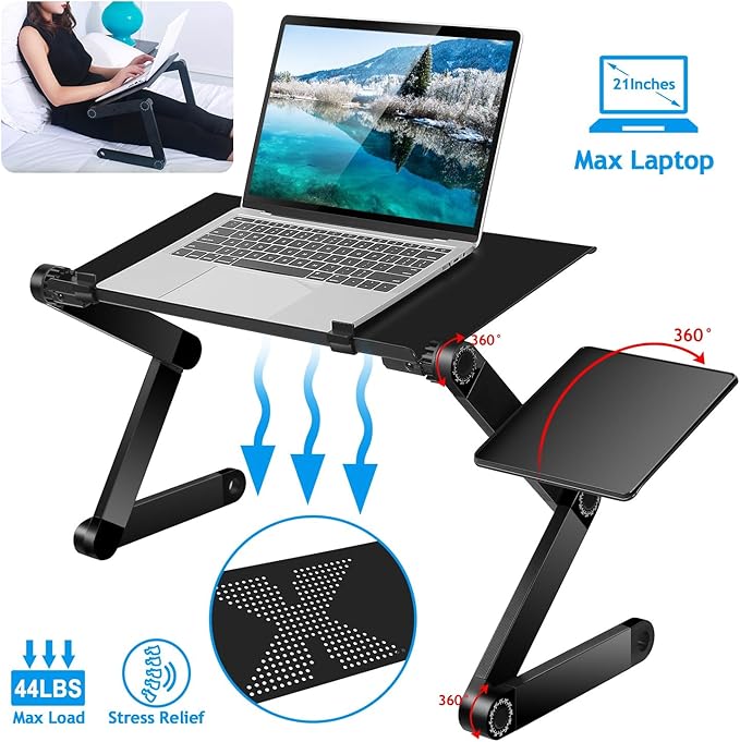 Adjustable Laptop Table Foldable Notebook Desk Laptop Riser Stand Aluminum Alloy Holder with Mouse Board Breakfast Snacking Tray for Home Office Travel