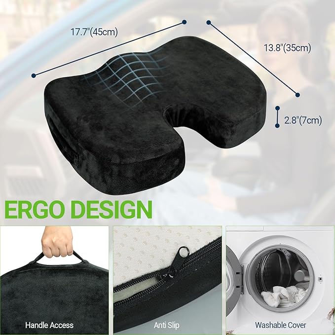 Gel Seat Cushion for Car Office - Memory Foam Pain Relief Chair Pillow Cushions - Tailbone Sciatica Coccyx Butt Lumbar Support Pad for Sitting Driving Traveling, Velvet, Black