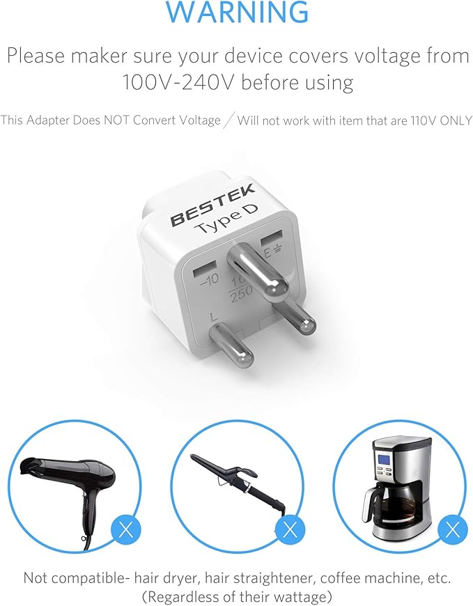 BESTEK India, South Africa Travel Plug Adapter, Grounded Universal Type D Plug Adapter India to US Adapter - Ultra Compact for India, Sudan, Pakistan and More, 3 Pack