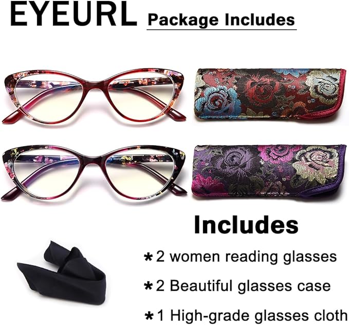 EYEURL Cat Eye Reading Glasses for Womens Set of 2 Blue Light Blocking Readers +1.75 Fashion Ladies Computer Eyeglass Spring Hinge