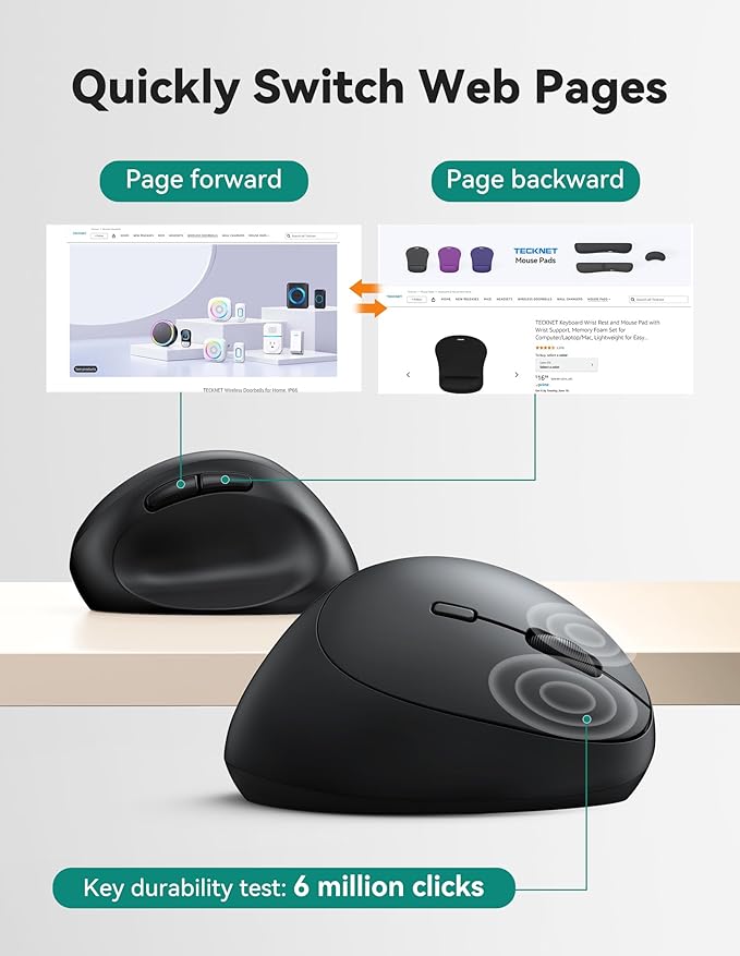 TECKNET Ergonomic Mouse, 4800 DPI 5 Adjustable DPI Levels, Wireless Vertical Mouse, 6 Buttons, 2.4G Silent Mouse for Laptop, PC, Chromebook, Mac - Black