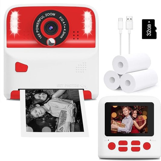 Kids Instant Print Camera, Portable Toys Camera for Toddler, Print Black & White Photos Instantly, Ideal Birthday for Boys & Girls Ages 3–12 (White&Red)